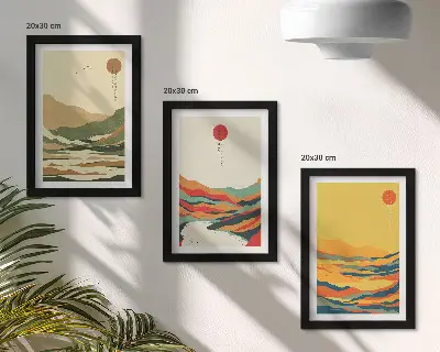 Lot de 3 tableaux motifs colorés de montagnes et de rivières style Japandi