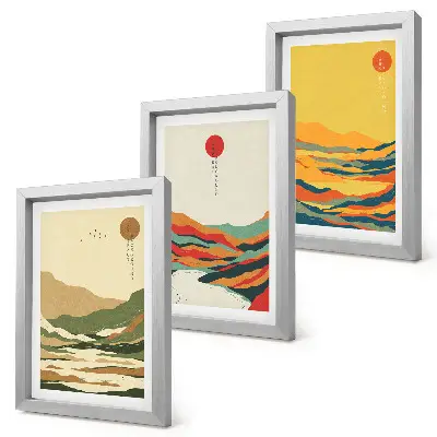 Lot de 3 tableaux motifs colorés de montagnes et de rivières style Japandi