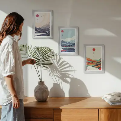 Ensemble de 3 tableaux représentant des paysages de montagne abstraits japonais