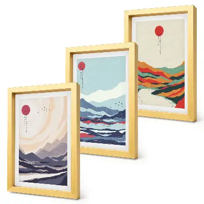 Ensemble de 3 tableaux représentant des paysages de montagne abstraits japonais