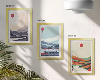 Ensemble de 3 tableaux représentant des paysages de montagne abstraits japonais