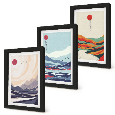 Ensemble de 3 tableaux Paysages de montagne abstraits japonais
