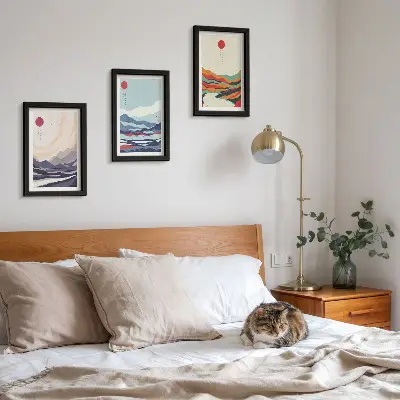 Ensemble de 3 tableaux représentant des paysages de montagne abstraits japonais