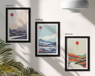 Ensemble de 3 tableaux Paysages de montagne abstraits japonais