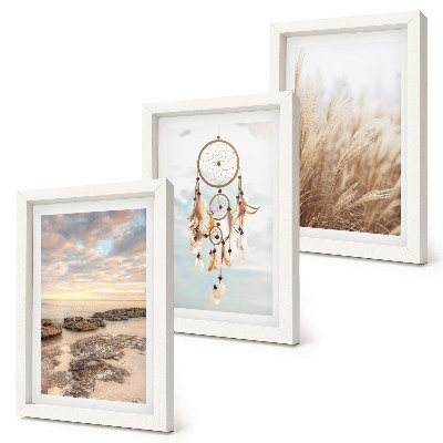 Lot de 3 tableaux Vue sur la mer avec des nuages, un attrape-rêves et de l'herbe