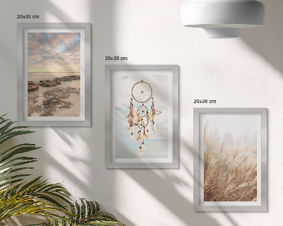 Lot de 3 tableaux Vue sur la mer avec des nuages, un attrape-rêves et de l'herbe