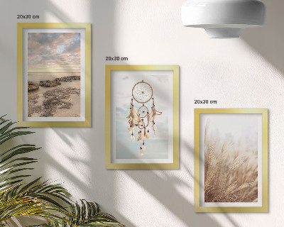 Lot de 3 tableaux Vue sur la mer avec des nuages, un attrape-rêves et de l'herbe