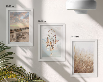 Lot de 3 tableaux Vue sur la mer avec des nuages, un attrape-rêves et de l'herbe