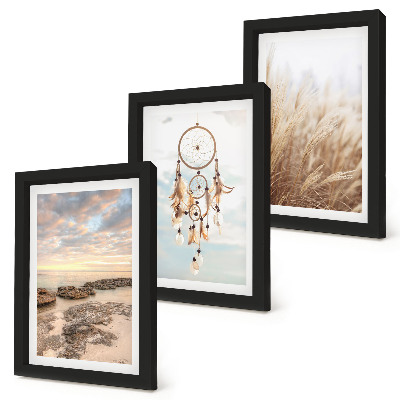 Lot de 3 tableaux Vue sur la mer avec des nuages, un attrape-rêves et de l'herbe