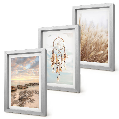 Lot de 3 tableaux Vue sur la mer avec des nuages, un attrape-rêves et de l'herbe