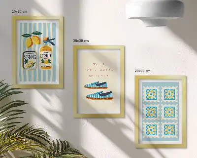 Mur de cadres avec des motifs de fruits et des éléments de la culture italienne
