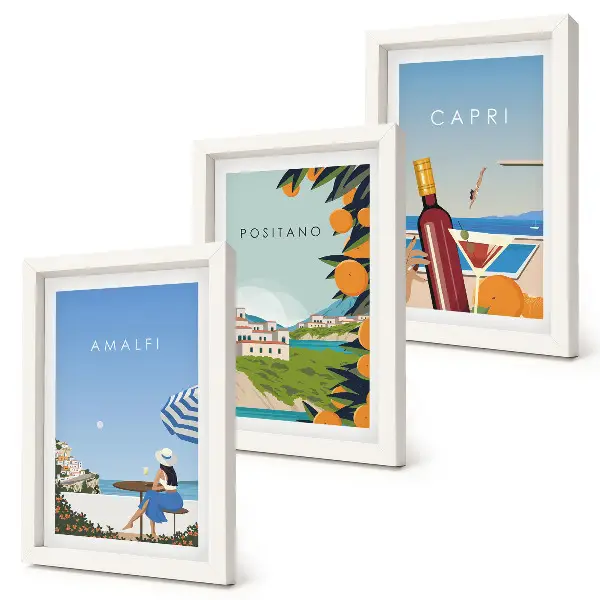 Lot de 3 tableaux vues de paysages de vacances à Amalfi, Positano et Capri