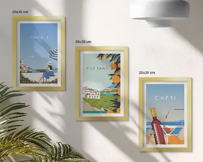 Lot de 3 tableaux vues de paysages de vacances à Amalfi, Positano et Capri