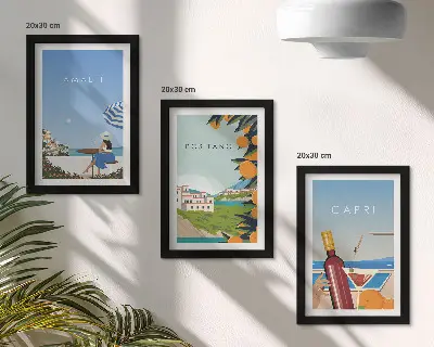 Lot de 3 tableaux vues de paysages de vacances à Amalfi, Positano et Capri