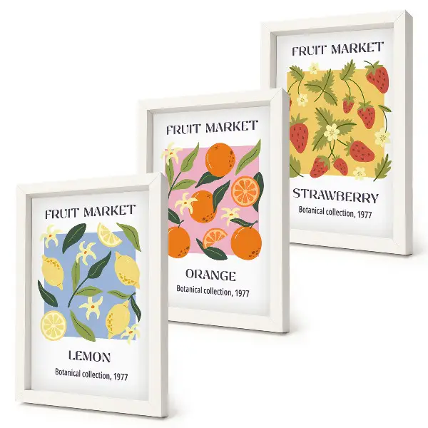 Ensemble de 3 tableaux affiches de fruits avec citrons, oranges et fraises