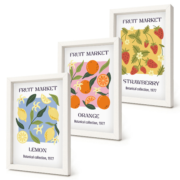 Ensemble de 3 tableaux Affiches de fruits avec des citrons, des oranges et des fraises