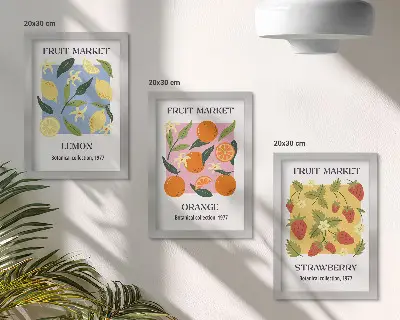 Ensemble de 3 tableaux affiches de fruits avec citrons, oranges et fraises