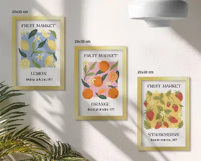 Ensemble de 3 tableaux affiches de fruits avec citrons, oranges et fraises