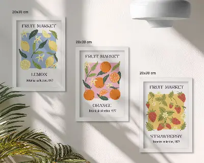 Ensemble de 3 tableaux affiches de fruits avec citrons, oranges et fraises