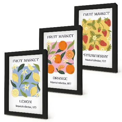 Ensemble de 3 tableaux affiches de fruits avec citrons, oranges et fraises