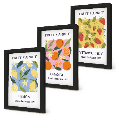 Ensemble de 3 tableaux Affiches de fruits avec des citrons, des oranges et des fraises