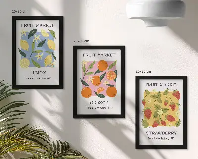 Ensemble de 3 tableaux affiches de fruits avec citrons, oranges et fraises