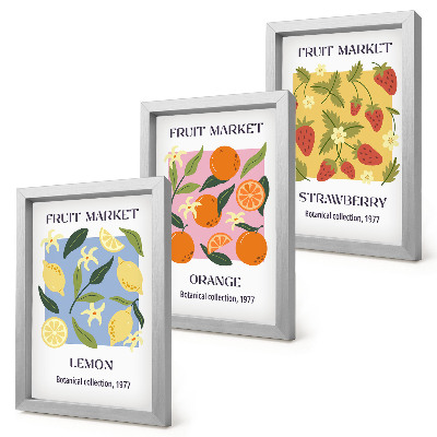Ensemble de 3 tableaux Affiches de fruits avec des citrons, des oranges et des fraises
