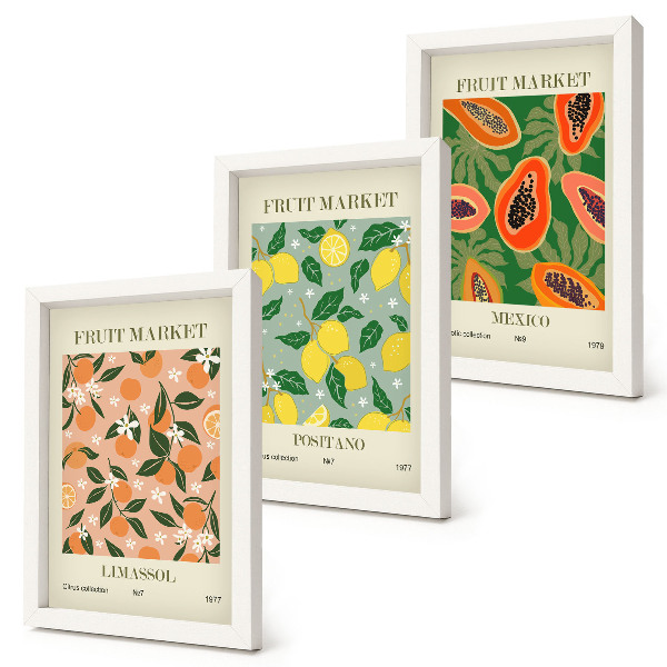 Lot de 3 tableaux Agrumes et fruits tropicaux dans un style rétro