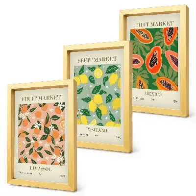 Lot de 3 tableaux représentant des agrumes et des fruits tropicaux dans un style rétro