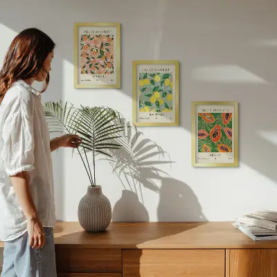 Lot de 3 tableaux représentant des agrumes et des fruits tropicaux dans un style rétro