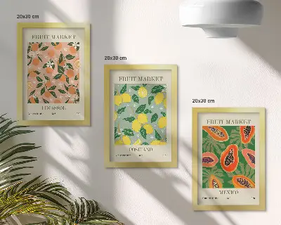 Lot de 3 tableaux représentant des agrumes et des fruits tropicaux dans un style rétro