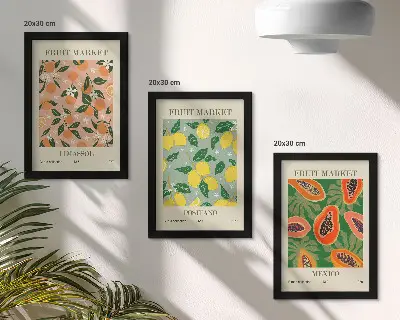 Lot de 3 tableaux représentant des agrumes et des fruits tropicaux dans un style rétro
