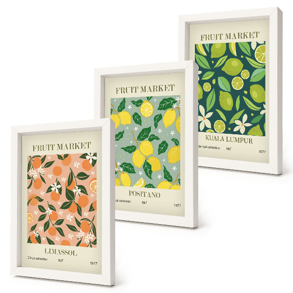 Ensemble de 3 tableaux Motifs fruités avec des agrumes et des fleurs vintage