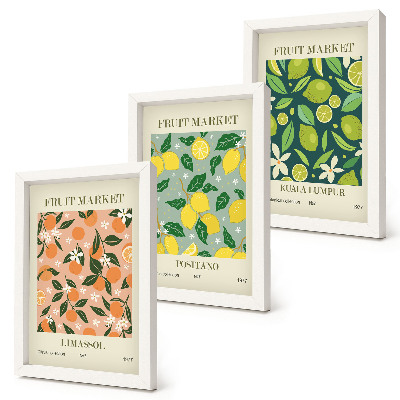 Ensemble de 3 tableaux Motifs fruités avec des agrumes et des fleurs vintage