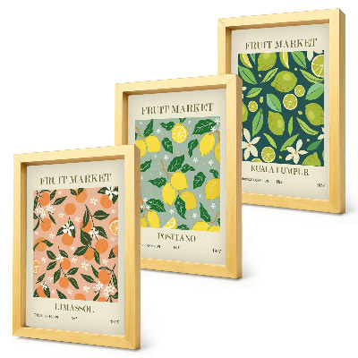 Ensemble de 3 tableaux Motifs fruités avec des agrumes et des fleurs vintage