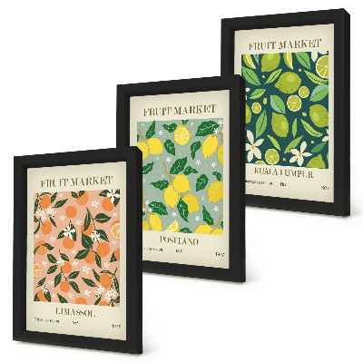 Ensemble de 3 tableaux Motifs fruités avec des agrumes et des fleurs vintage