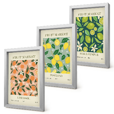 Ensemble de 3 tableaux Motifs fruités avec des agrumes et des fleurs vintage