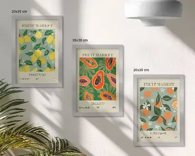 Mur de cadres affiches décoratives sur le thème des fruits avec citrons, papayes, mandarines et fleurs