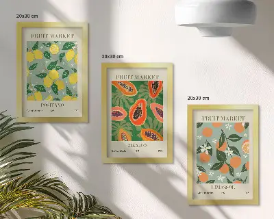 Mur de cadres affiches décoratives sur le thème des fruits avec citrons, papayes, mandarines et fleurs