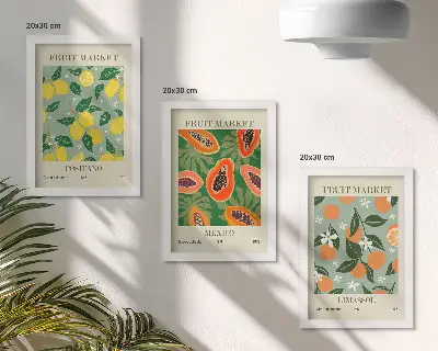 Mur de cadres affiches décoratives sur le thème des fruits avec citrons, papayes, mandarines et fleurs