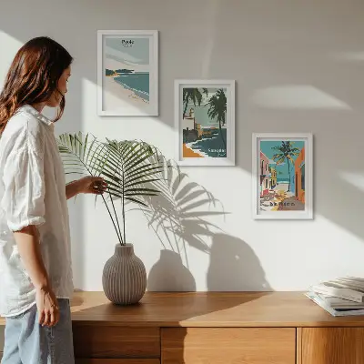 Lot de 3 tableaux représentant des paysages tropicaux avec plages et palmiers
