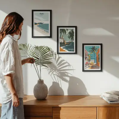 Lot de 3 tableaux représentant des paysages tropicaux avec plages et palmiers