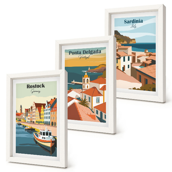 Ensemble de 3 tableaux Vues de villes côtières et portuaires européennes