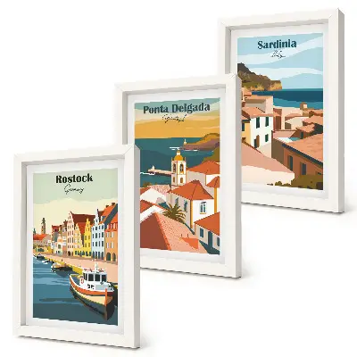 Ensemble de 3 tableaux représentant des vues de villes côtières et portuaires européennes
