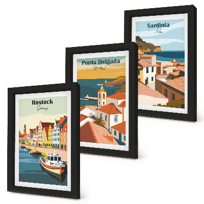 Ensemble de 3 tableaux Vues de villes côtières et portuaires européennes