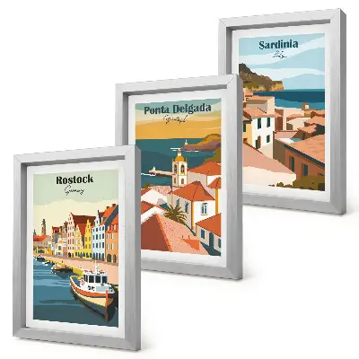 Ensemble de 3 tableaux représentant des vues de villes côtières et portuaires européennes