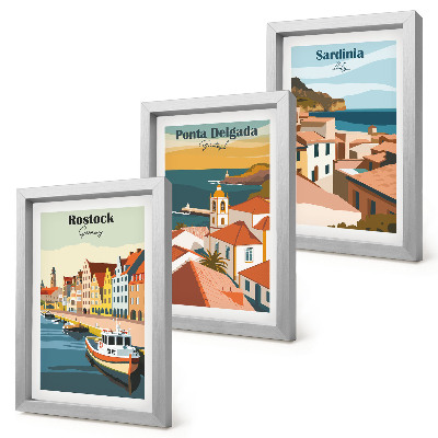 Ensemble de 3 tableaux Vues de villes côtières et portuaires européennes
