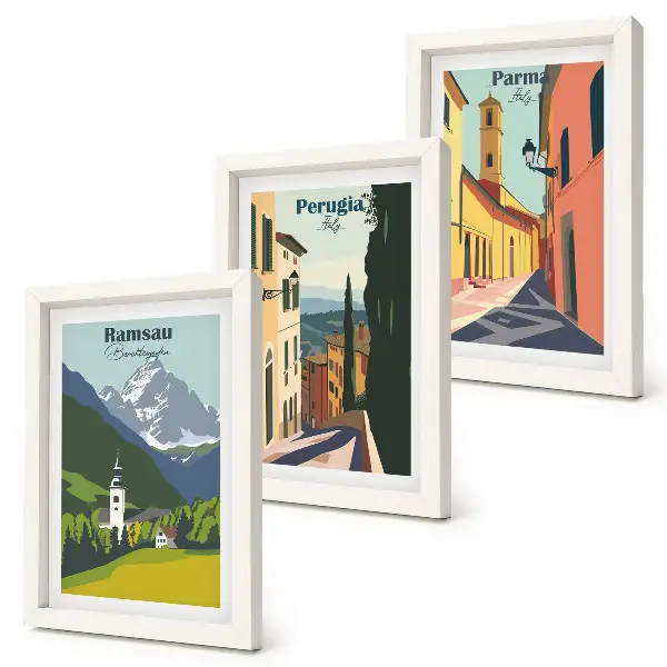 Mur de cadres avec des paysages de montagne et des rues de villes italiennes