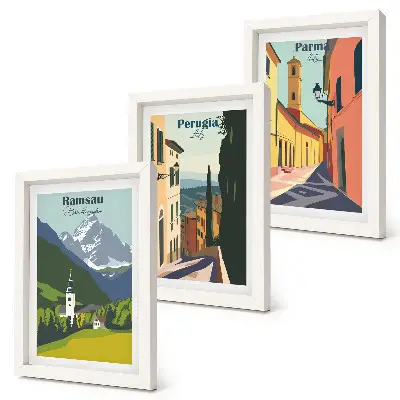 Mur de cadres avec des paysages de montagne et des rues de villes italiennes