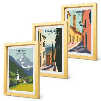 Mur de cadres avec des paysages de montagne et des rues de villes italiennes